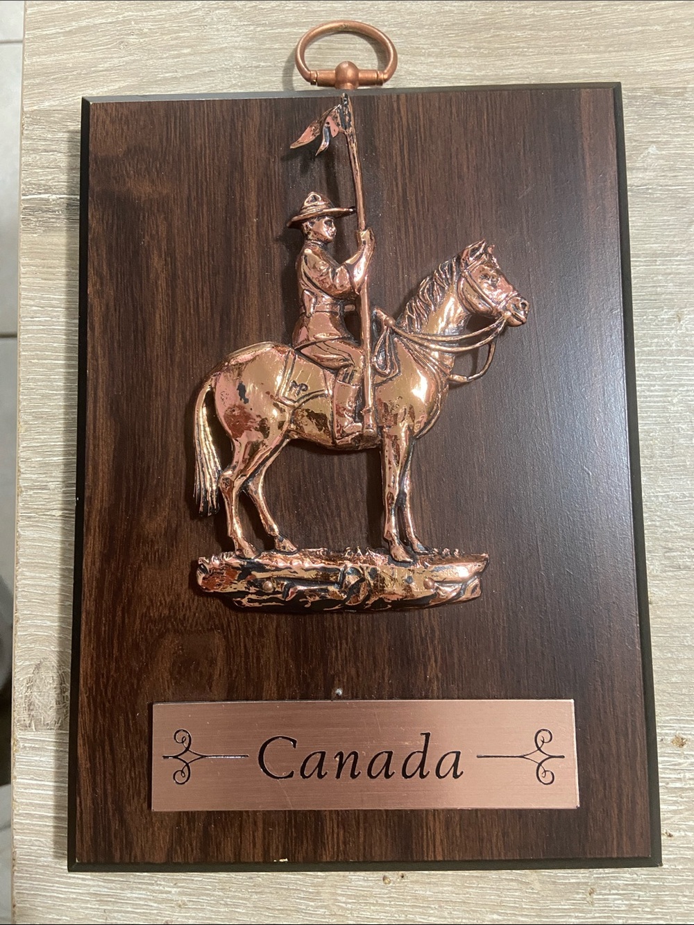 Vintage 1989 Canadian Mountie On Horse Wooden Plaque 9x6”